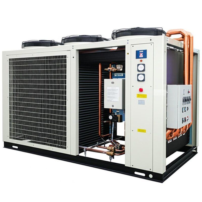 Máquina de enfriamiento de agua con condensador de aletas con sobrecarga de alta y baja presión Sistema de protección de secuencia de fase anticongelante Nivel de ruido 65dBA